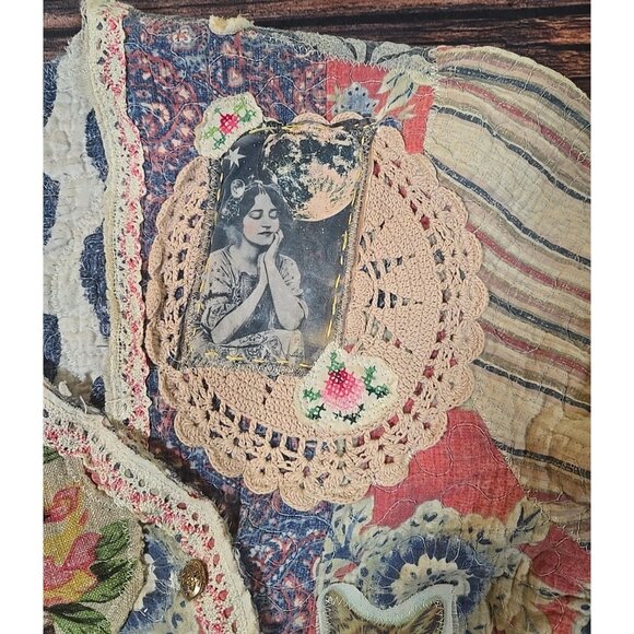 OOAK Magnolia Boho Quilted Jacket Frida Cat Bird Gypsy Patchwork Vtg INDIE sz L - Picture 11 of 16